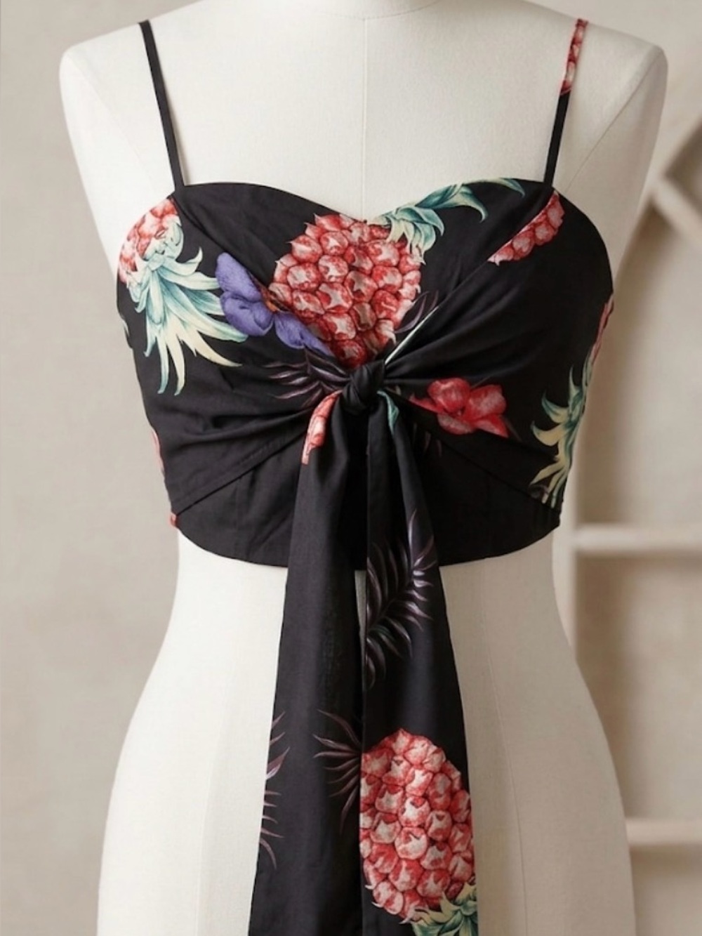 Y2K Black Floral Tie-Front Pineapple Print Crop Top With Front or Back tie.